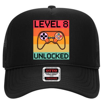 Level 8 Unlocked Video Gamer 8th Birthday Gaming Gift High Crown Mesh Back Trucker Hat