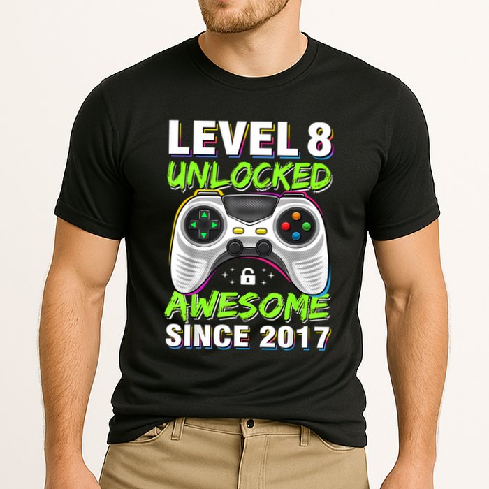 Level 8 Unlocked Awesome Since 2017 8th Birthday Gaming Cooling Performance Crew T-Shirt