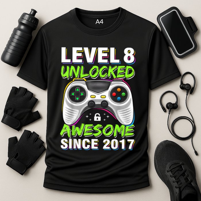 Level 8 Unlocked Awesome Since 2017 8th Birthday Gaming Cooling Performance Crew T-Shirt