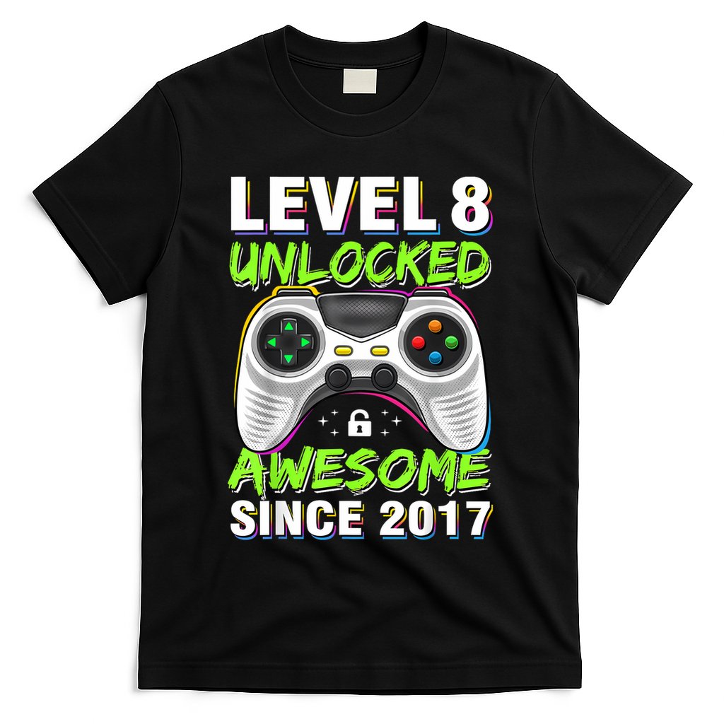 Level 8 Unlocked Awesome Since 2017 8th Birthday Gaming T-Shirt