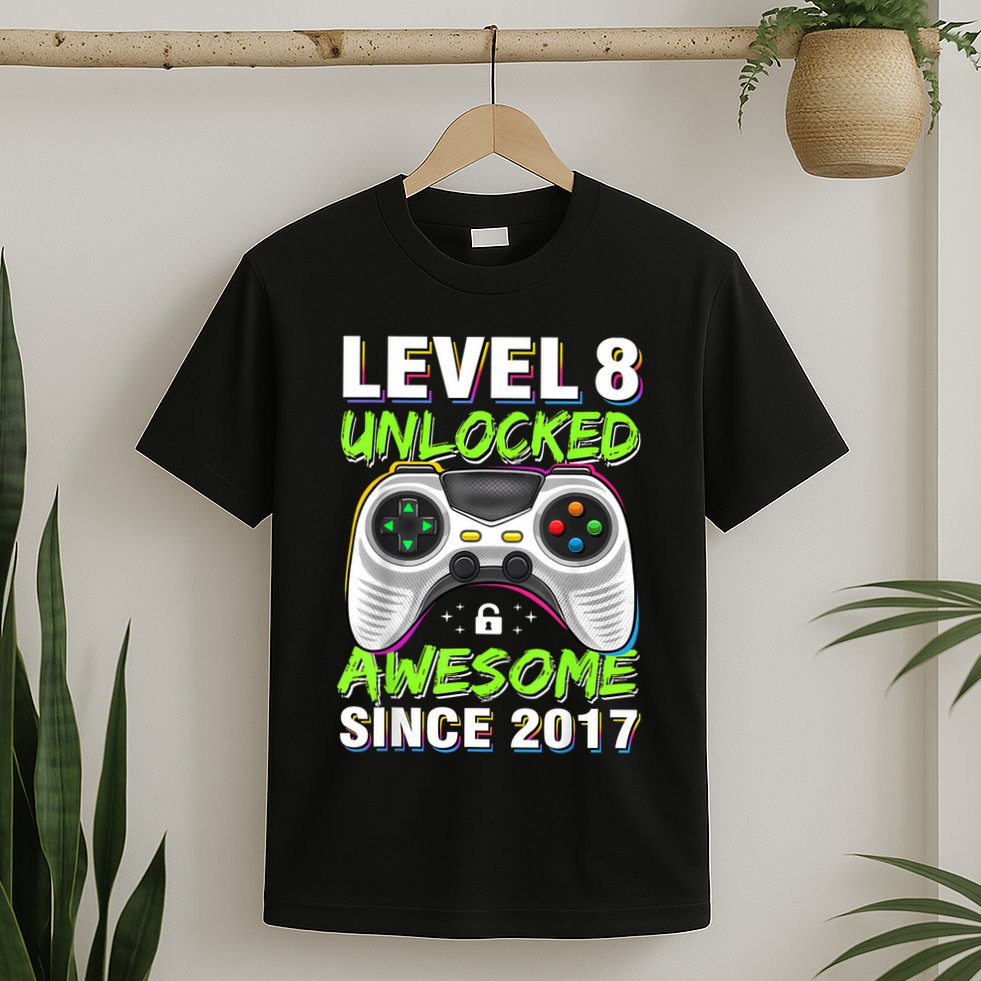 Level 8 Unlocked Awesome Since 2017 8th Birthday Gaming T-Shirt