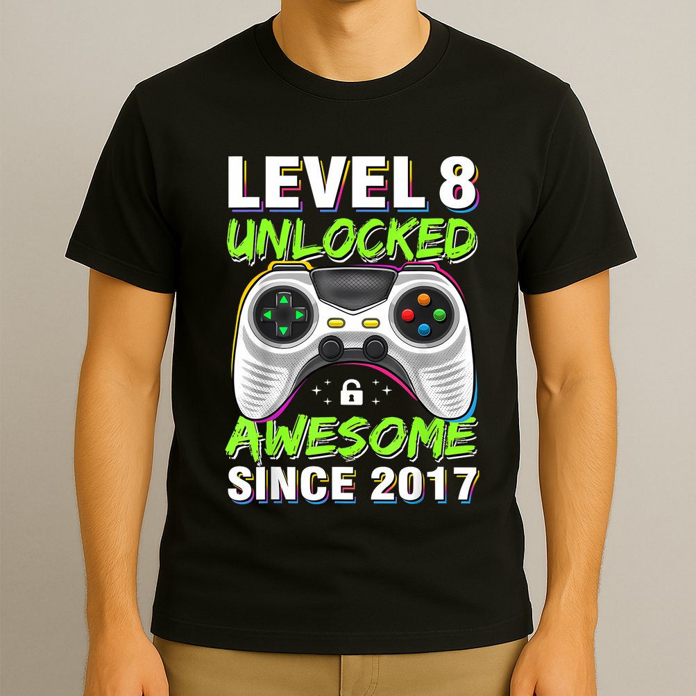 Level 8 Unlocked Awesome Since 2017 8th Birthday Gaming T-Shirt