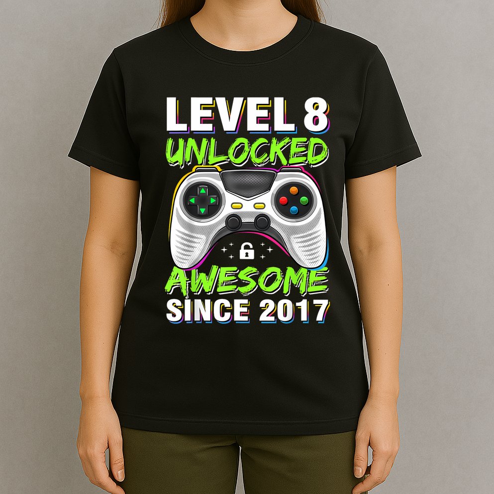 Level 8 Unlocked Awesome Since 2017 8th Birthday Gaming T-Shirt