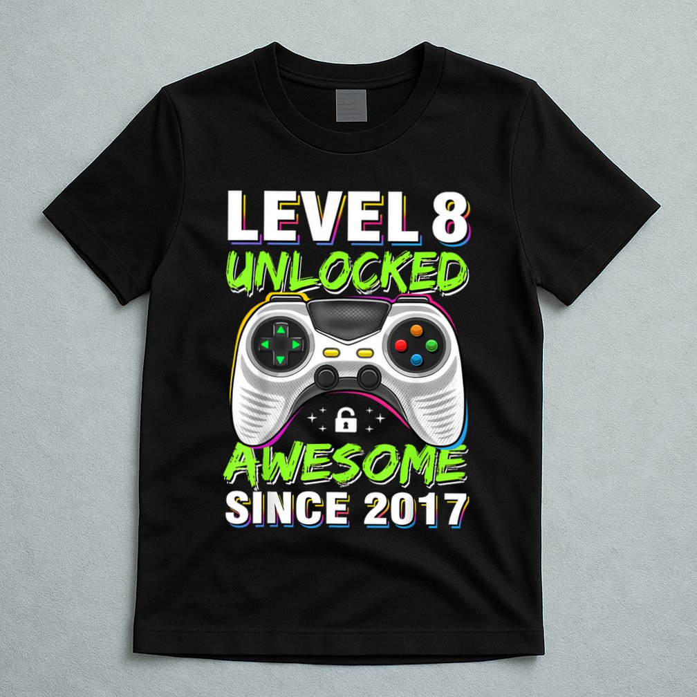 Level 8 Unlocked Awesome Since 2017 8th Birthday Gaming T-Shirt