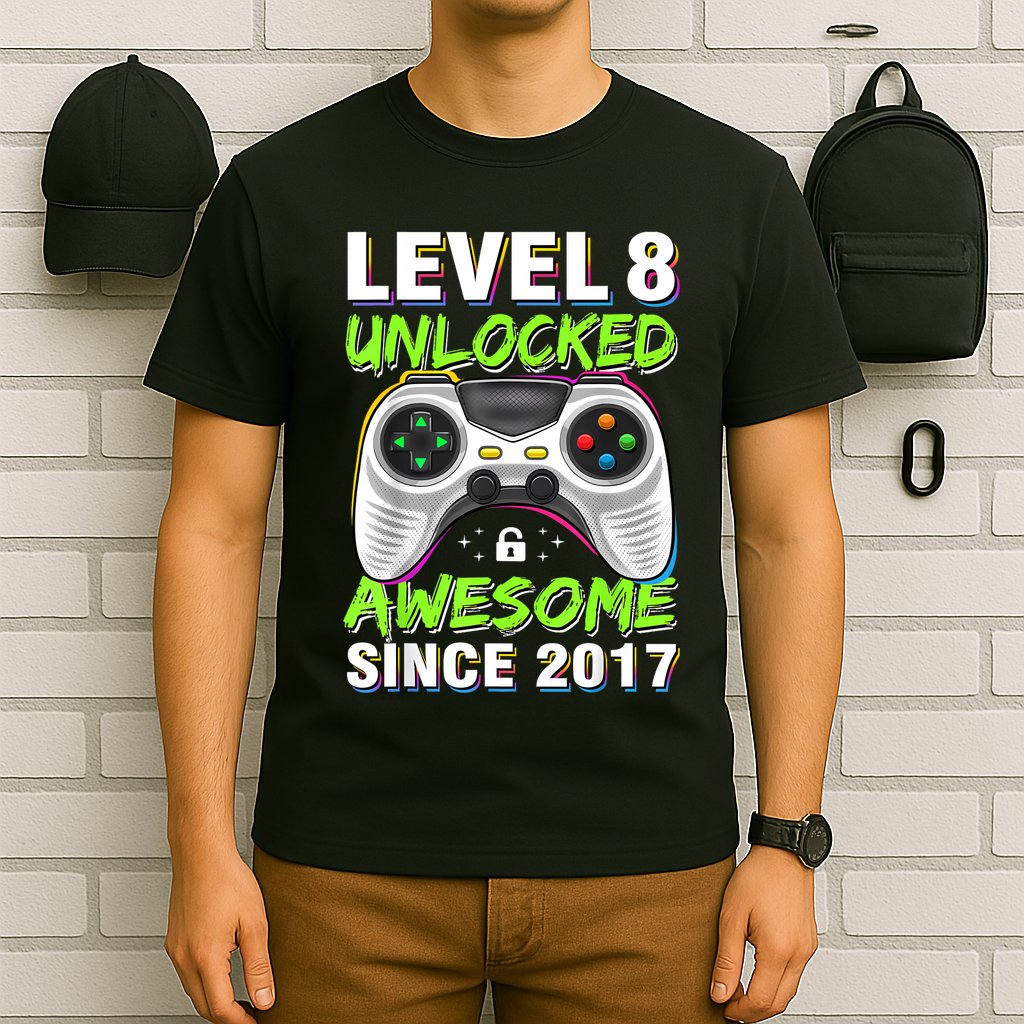 Level 8 Unlocked Awesome Since 2017 8th Birthday Gaming T-Shirt