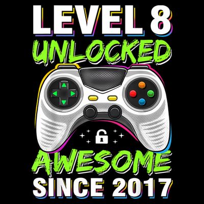 Level 8 Unlocked Awesome Since 2017 8th Birthday Gaming T-Shirt