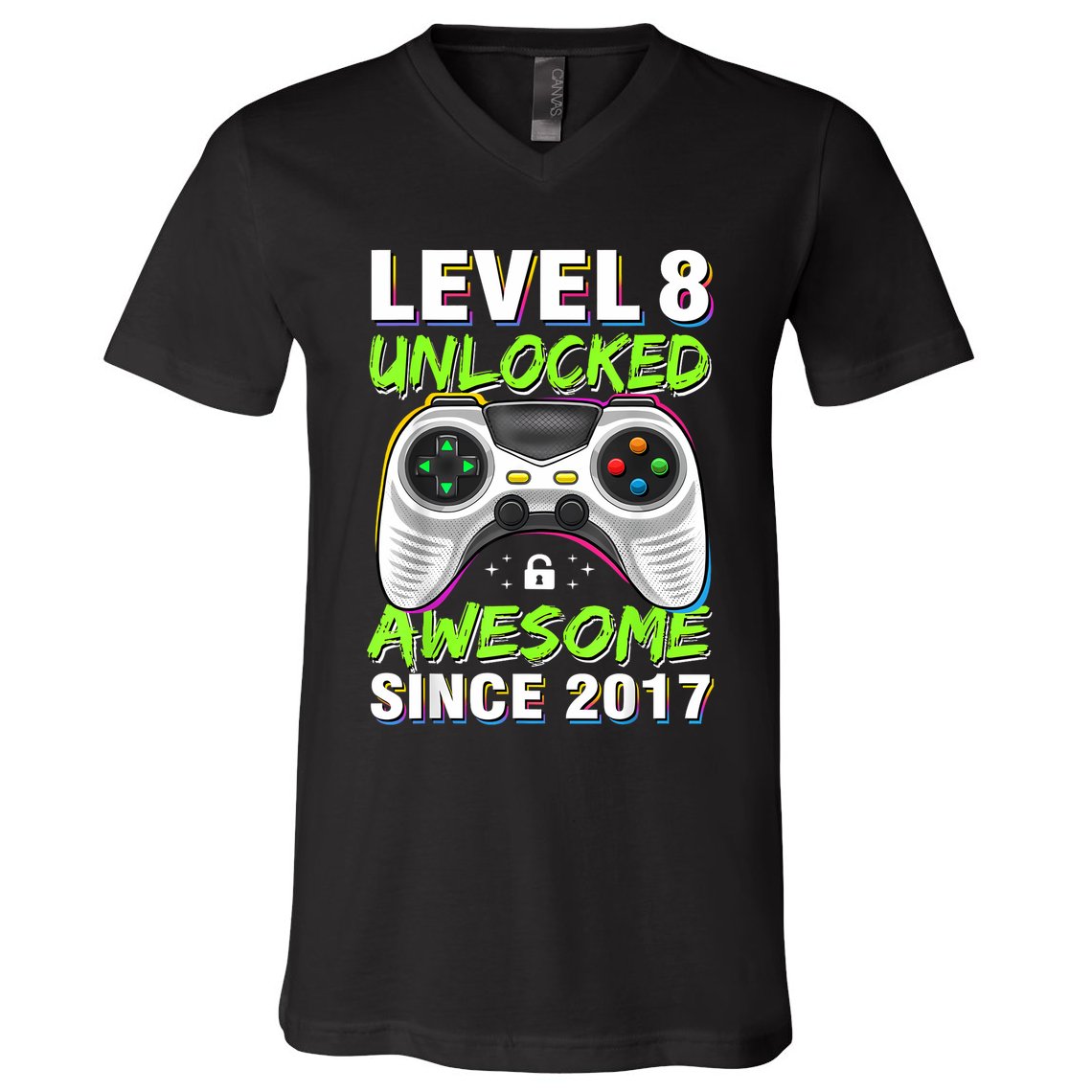 Level 8 Unlocked Awesome Since 2017 8th Birthday Gaming V-Neck T-Shirt