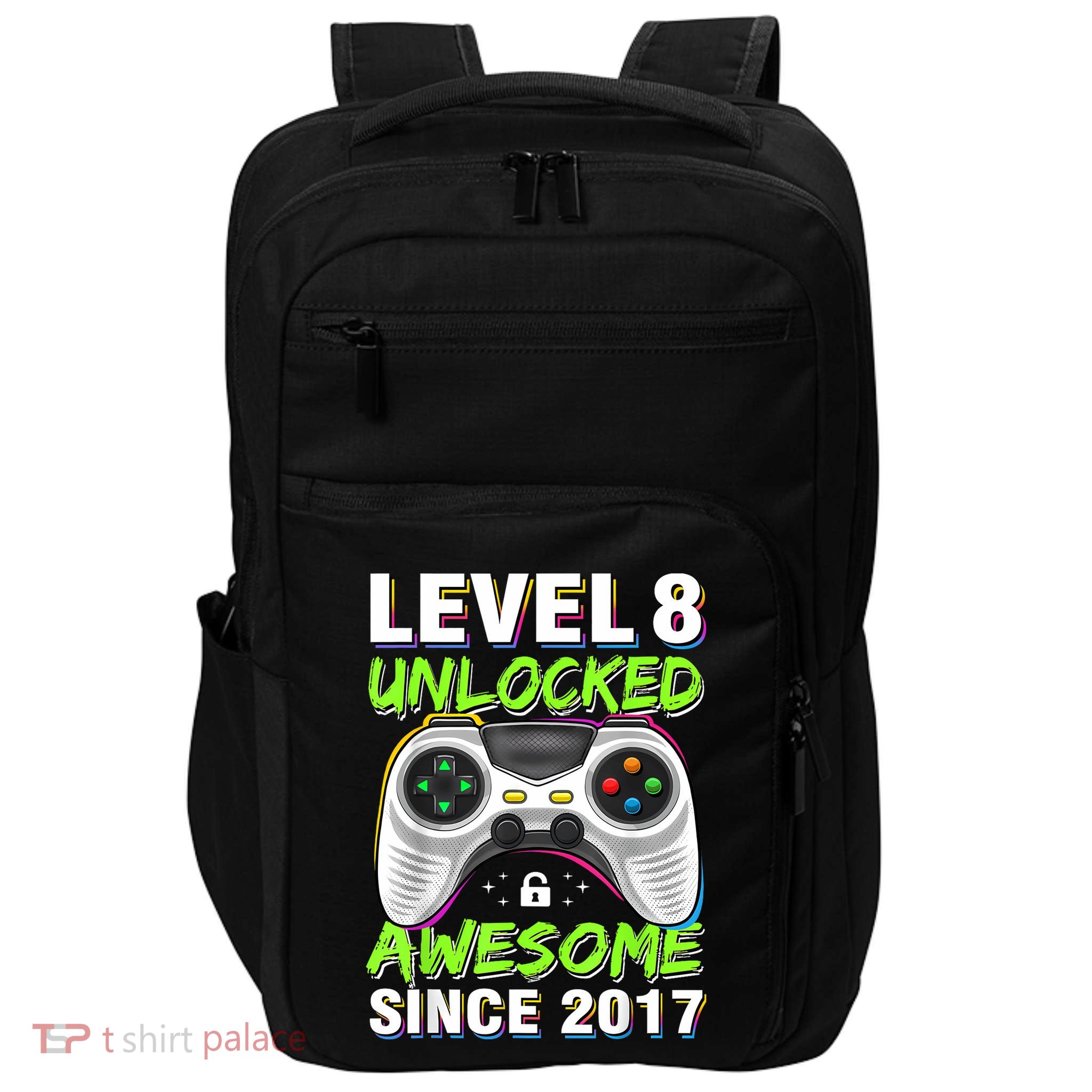 Level 8 Unlocked Awesome Since 2017 8th Birthday Gaming Impact Tech Backpack