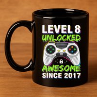 Level 8 Unlocked Awesome Since 2017 8th Birthday Gaming 11oz C Handle Ceramic Mug