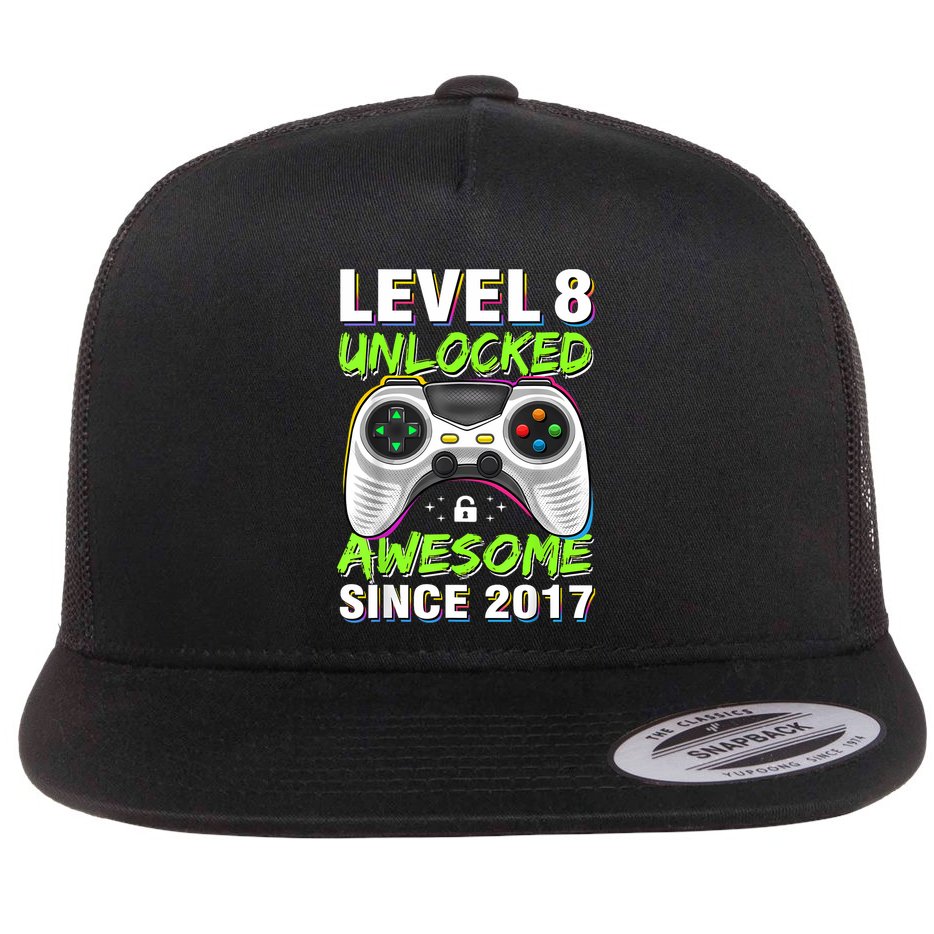 Level 8 Unlocked Awesome Since 2017 8th Birthday Gaming Flat Bill Trucker Hat