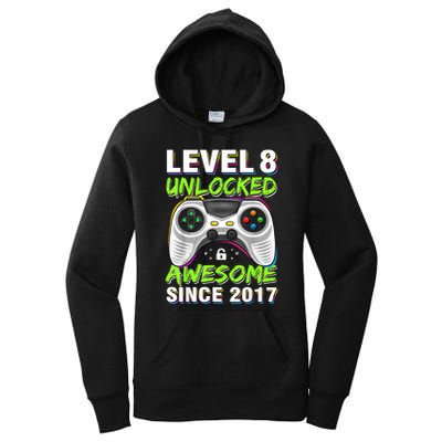 Level 8 Unlocked Awesome Since 2017 8th Birthday Gaming Women's Pullover Hoodie