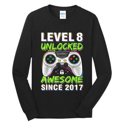 Level 8 Unlocked Awesome Since 2017 8th Birthday Gaming Tall Long Sleeve T-Shirt