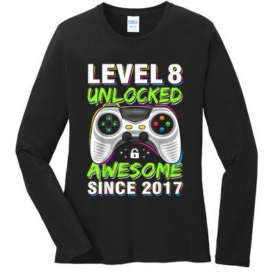 Level 8 Unlocked Awesome Since 2017 8th Birthday Gaming Ladies Long Sleeve Shirt