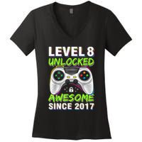 Level 8 Unlocked Awesome Since 2017 8th Birthday Gaming Women's V-Neck T-Shirt