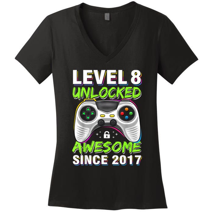 Level 8 Unlocked Awesome Since 2017 8th Birthday Gaming Women's V-Neck T-Shirt