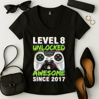 Level 8 Unlocked Awesome Since 2017 8th Birthday Gaming Women's V-Neck T-Shirt
