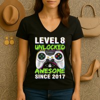 Level 8 Unlocked Awesome Since 2017 8th Birthday Gaming Women's V-Neck T-Shirt