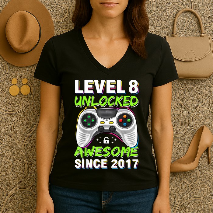 Level 8 Unlocked Awesome Since 2017 8th Birthday Gaming Women's V-Neck T-Shirt