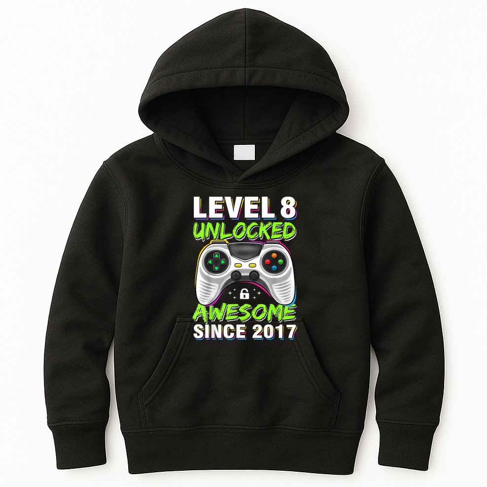 Level 8 Unlocked Awesome Since 2017 8th Birthday Gaming Kids Hoodie