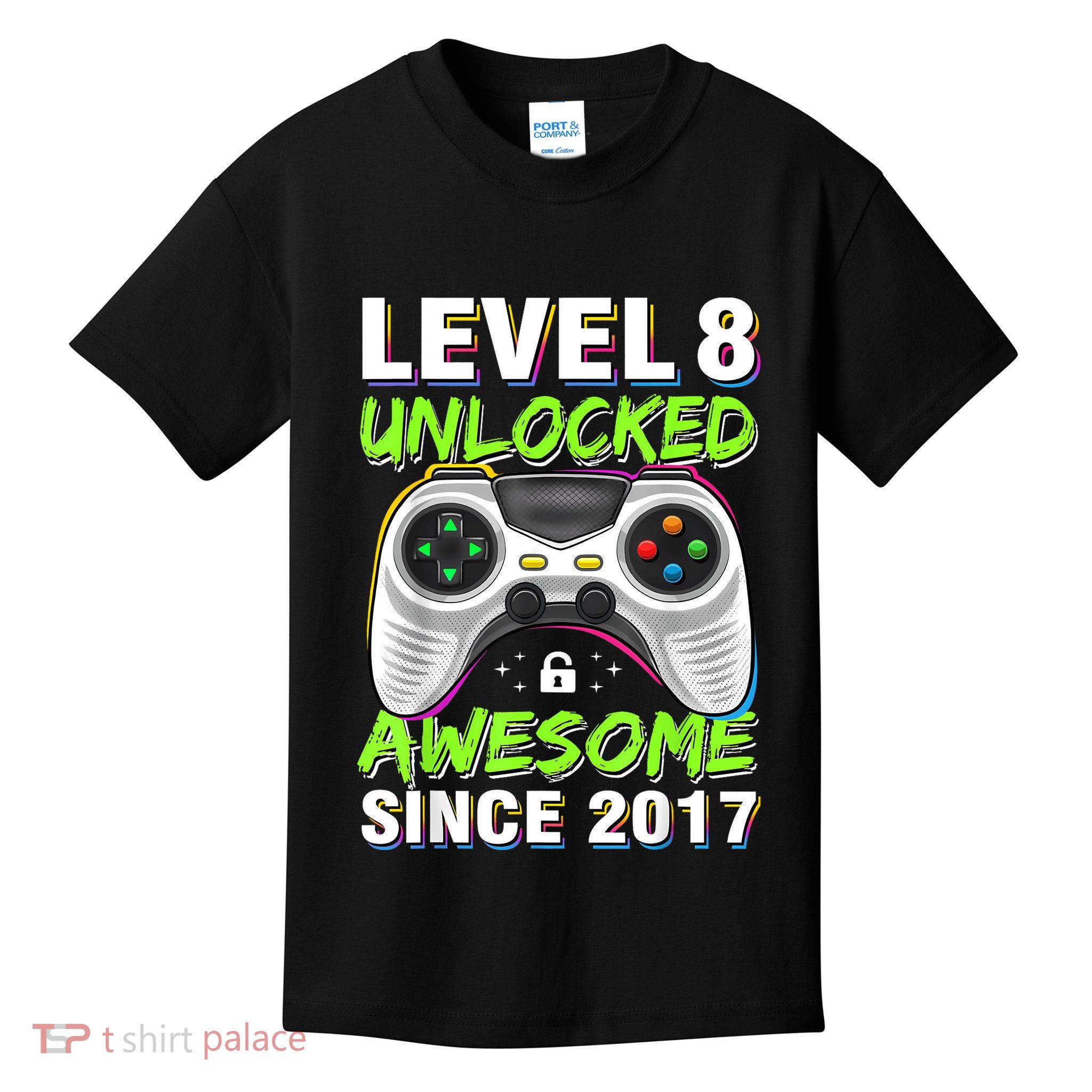 Level 8 Unlocked Awesome Since 2017 8th Birthday Gaming Kids T-Shirt