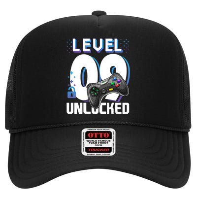 Level 9 Unlocked Funny Video Gamer 9th Birthday Gift For Gamers High Crown Mesh Back Trucker Hat