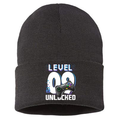 Level 9 Unlocked Funny Video Gamer 9th Birthday Gift For Gamers Sustainable Knit Beanie