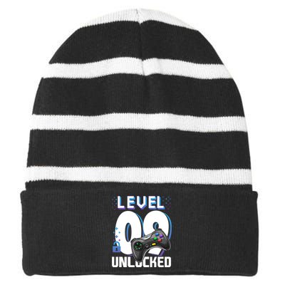 Level 9 Unlocked Funny Video Gamer 9th Birthday Gift For Gamers Striped Beanie with Solid Band