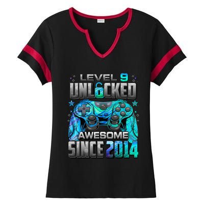 Level 9 Unlocked Awesome Since 2014 9th Birthday Gaming Ladies Halftime Notch Neck Tee