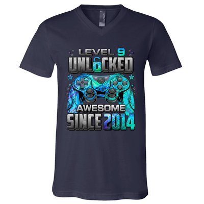 Level 9 Unlocked Awesome Since 2014 9th Birthday Gaming V-Neck T-Shirt