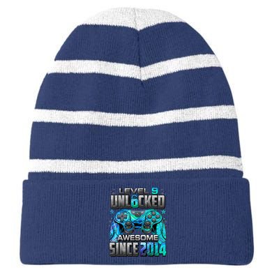 Level 9 Unlocked Awesome Since 2014 9th Birthday Gaming Striped Beanie with Solid Band