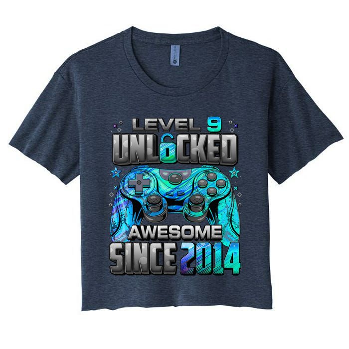 Level 9 Unlocked Awesome Since 2014 9th Birthday Gaming Women's Crop Top Tee