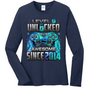 Level 9 Unlocked Awesome Since 2014 9th Birthday Gaming Ladies Long Sleeve Shirt