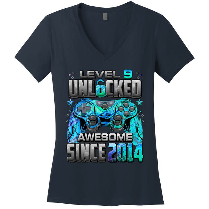 Level 9 Unlocked Awesome Since 2014 9th Birthday Gaming Women's V-Neck T-Shirt