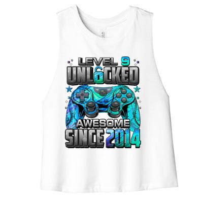 Level 9 Unlocked Awesome Since 2014 9th Birthday Gaming Women's Racerback Cropped Tank