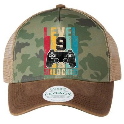 Level 9 Unlocked 9 Year Old Bday Gifts Gaming 9th Birthday Legacy Tie Dye Trucker Hat