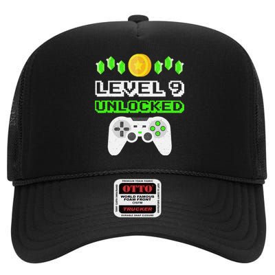 Level 9 Unlocked Funny 9 Year Old Gamer Birthday High Crown Mesh Back Trucker Hat