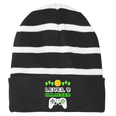 Level 9 Unlocked Funny 9 Year Old Gamer Birthday Striped Beanie with Solid Band