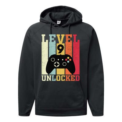 Level 9 Unlocked Funny Video Gamer 9th Birthday Gift Performance Fleece Hoodie