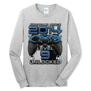 Level 9 Unlocked Awesome Since 2014 9th Birthday Gaming Tall Long Sleeve T-Shirt