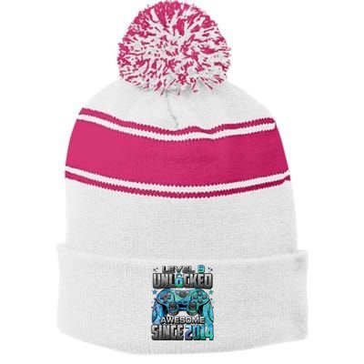 Level 9 Unlocked Awesome Since 2014 9th Birthday Gaming Stripe Pom Pom Beanie