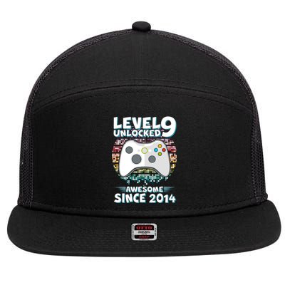 Level 9 Unlocked Awesome Since 2014 Gamer Birthday 7 Panel Mesh Trucker Snapback Hat