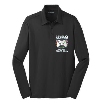 Level 9 Unlocked Awesome Since 2014 Gamer Birthday Silk Touch Performance Long Sleeve Polo