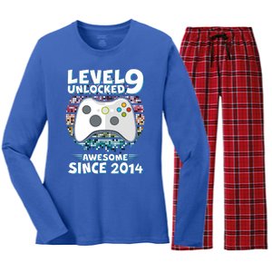 Level 9 Unlocked Awesome Since 2014 Gamer Birthday Women's Long Sleeve Flannel Pajama Set 