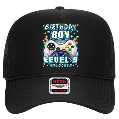 Level 9 Unlocked Video Game 9th Birthday Gamer Boys TShirt High Crown Mesh Back Trucker Hat