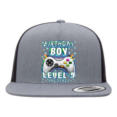 Level 9 Unlocked Video Game 9th Birthday Gamer Boys TShirt Flat Bill Trucker Hat