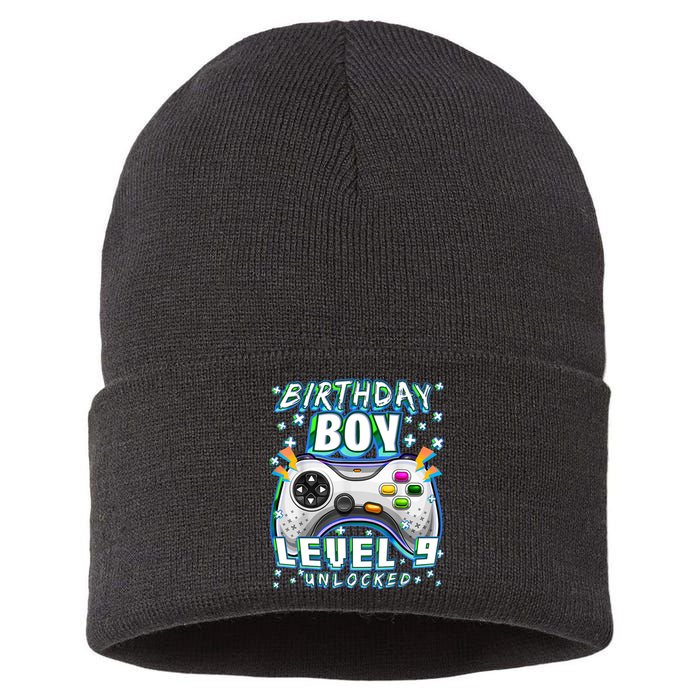 Level 9 Unlocked Video Game 9th Birthday Gamer Boys TShirt Sustainable Knit Beanie