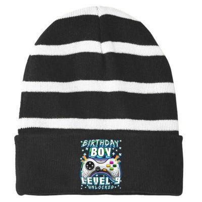 Level 9 Unlocked Video Game 9th Birthday Gamer Boys TShirt Striped Beanie with Solid Band