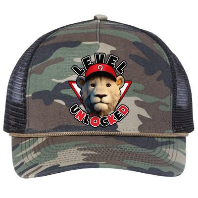 Level 9 unlocked 9 year old birthday lion born 2014 Retro Rope Trucker Hat Cap