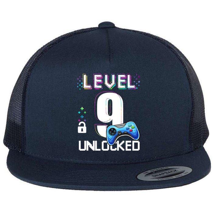 Level 9 Unlocked Video Game 9th Birthday Boy Gamer Flat Bill Trucker Hat