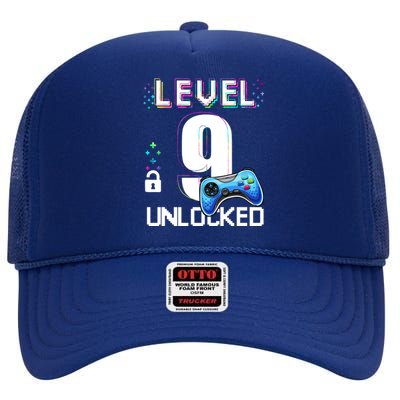 Level 9 Unlocked Video Game 9th Birthday Boy Gamer High Crown Mesh Back Trucker Hat